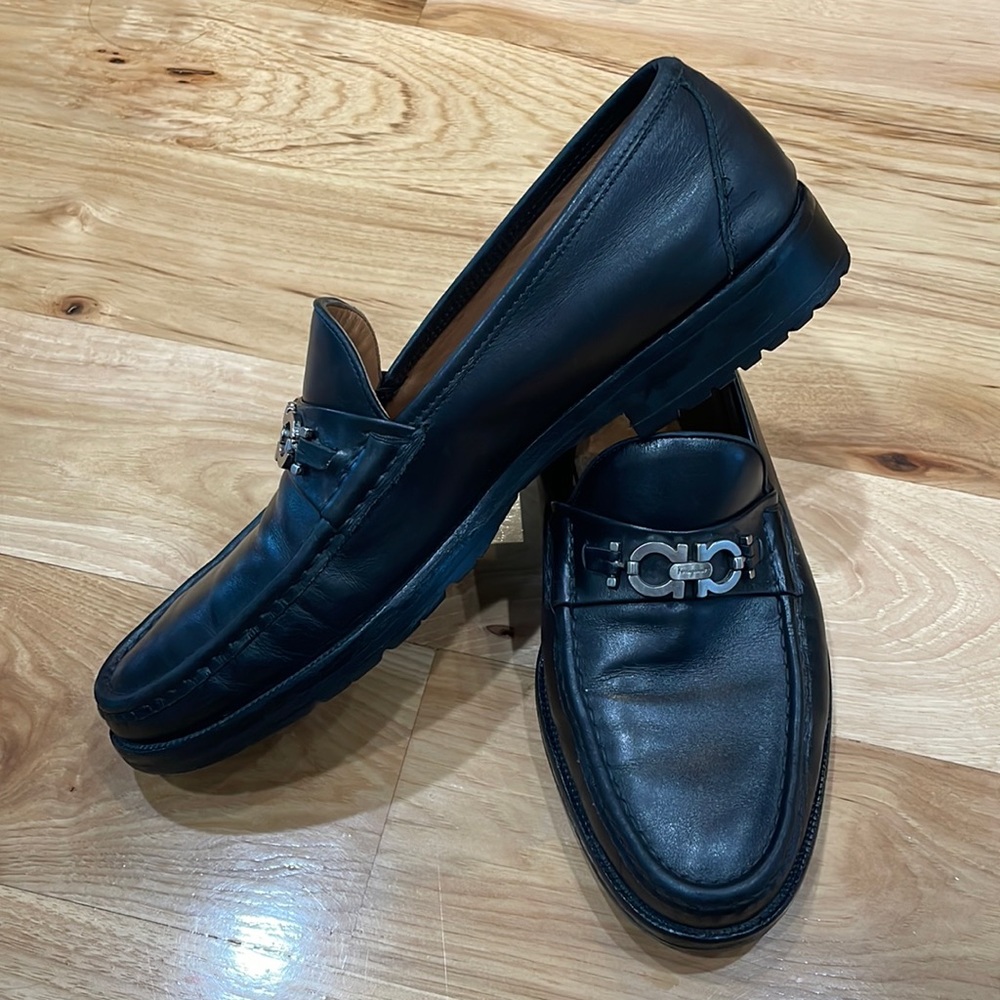 Salvatore Ferragamo loafers moccasin black leather men’s shoes 13 gancini logo